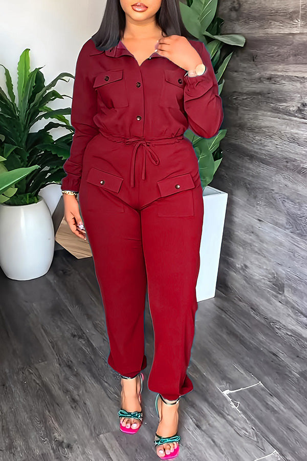 Simple Solid Color Pocket Shirt Collar Lace-Up Cargo Jumpsuits