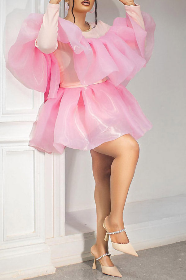 Pretty Stitching Mesh Ruffle Pink Long Sleeve Puffy Mini Dress