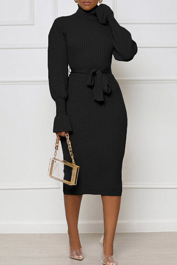 Temperament Solid Color High Neck Flared Sleeve Lace-Up Knit Midi Dress