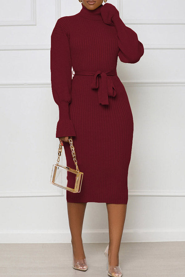 Temperament Solid Color High Neck Flared Sleeve Lace-Up Knit Midi Dress