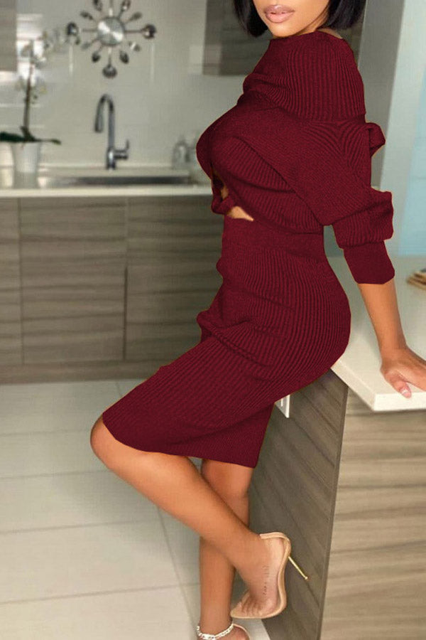 Feminine Off Shoulder Two-Wear Solid Color Short Sweater Slim Midi Skirt Suits