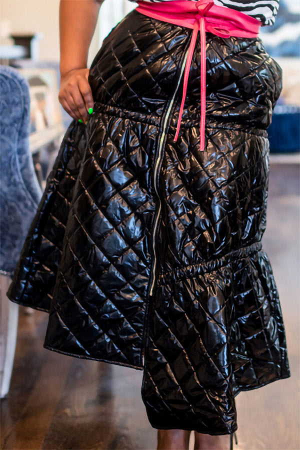 Chic High Waist Zip Diamond Quilted Artificial PU Irregualr A-Line Long Skirt