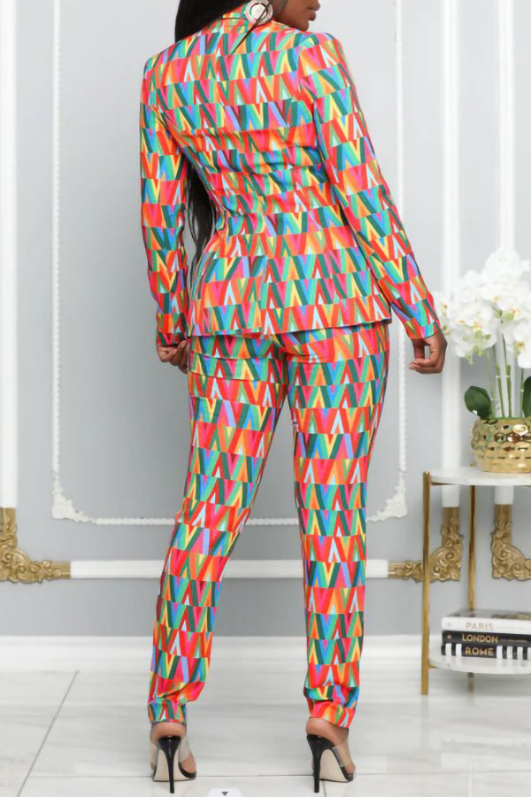Fashion Colorful Line Print Slim Fit Women's Suit