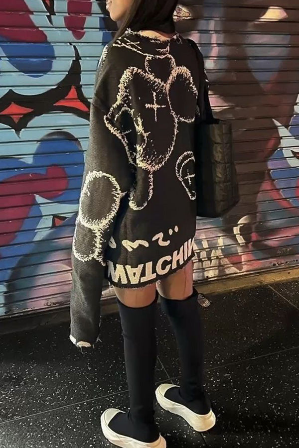 Trendy Graffiti Print Loose Frayed  Sweatshirt Mini Dress