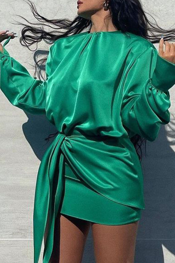 Feminine Long Sleeve Solid Color Satin Irregular Knotted Mini Dress