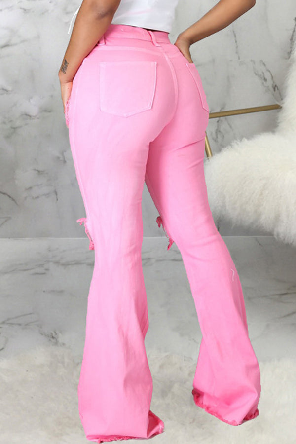 Fashion High Waist Knee Ripped Stretch Slim Fit Flared Jeans