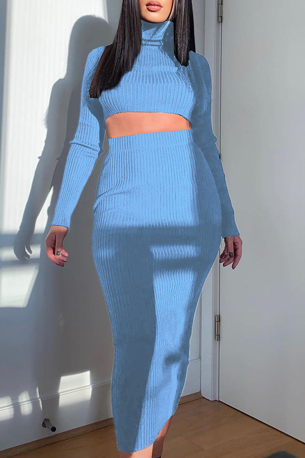 Sexy High Neck Solid Color Short Sweater High Waist Knit Slim Long Skirt Suits