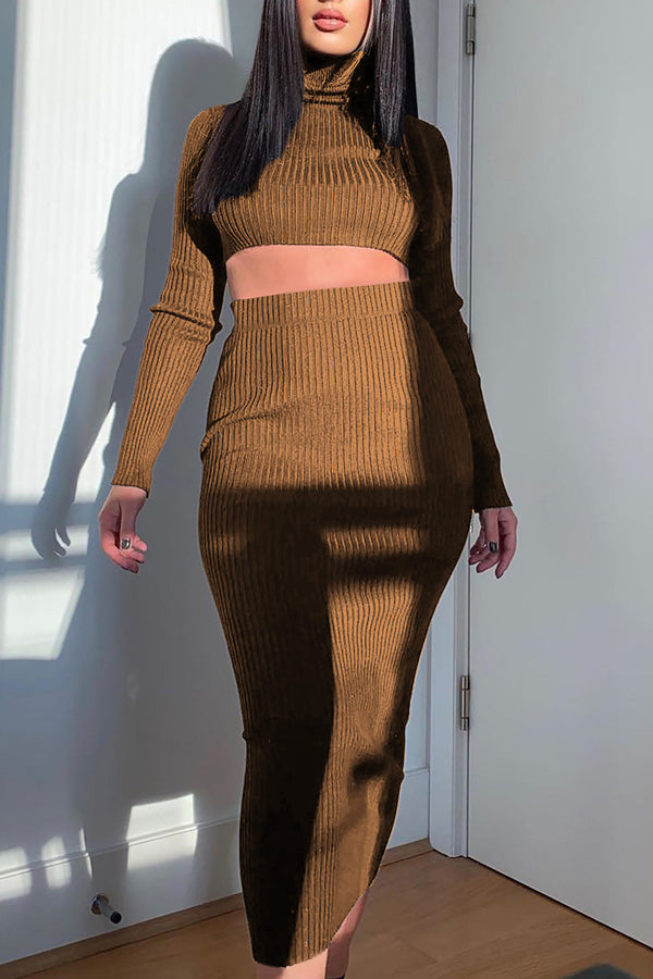 Sexy High Neck Solid Color Short Sweater High Waist Knit Slim Long Skirt Suits