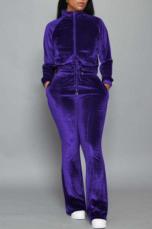 Fashion Velour Solid Color Zip Stand Collar Jacket Slim Slip Pocket Pant Suits