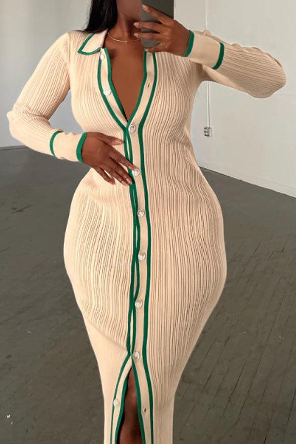 Sexy Slim Fit Long Sleeve Single Breasted Stripe Stretch Maxi Dress