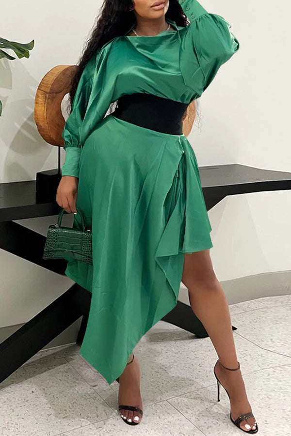 Romantic Solid Color Satin Batwing Sleeve Blouse High Waist Irregular Skirt Suits