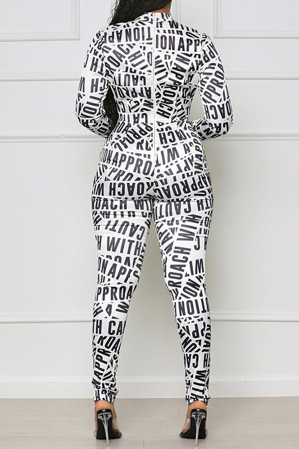 Trend Creative Letter Print Long Sleeve Slim Fit Stretch Jumpsuits