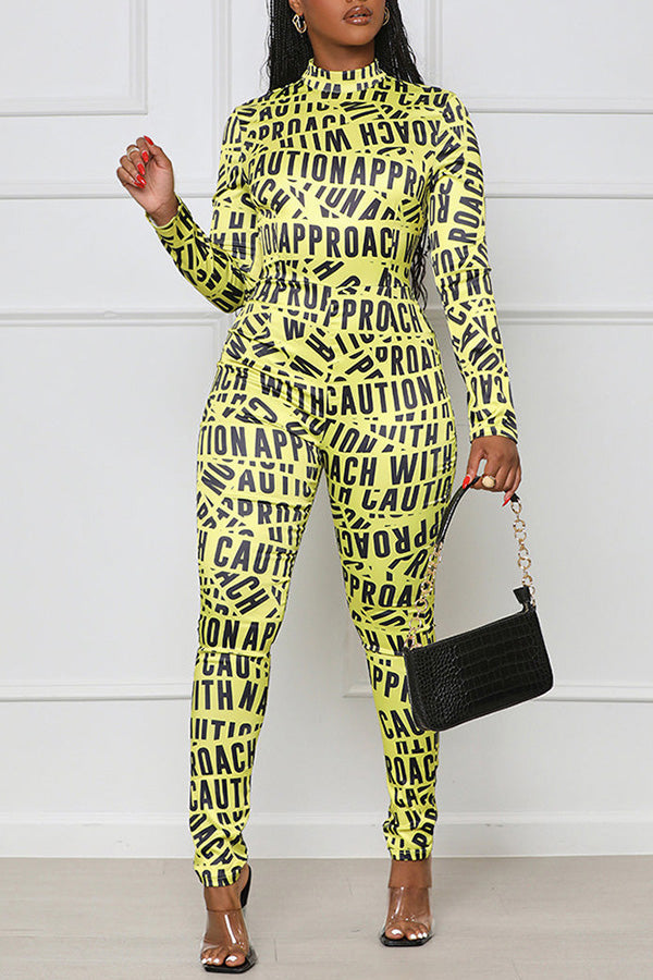 Trend Creative Letter Print Long Sleeve Slim Fit Stretch Jumpsuits