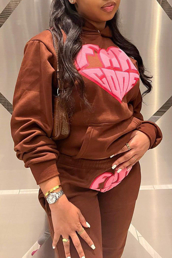 Casual Heart Letter Print Pocket Hoodie Slim Fit Pant Suits