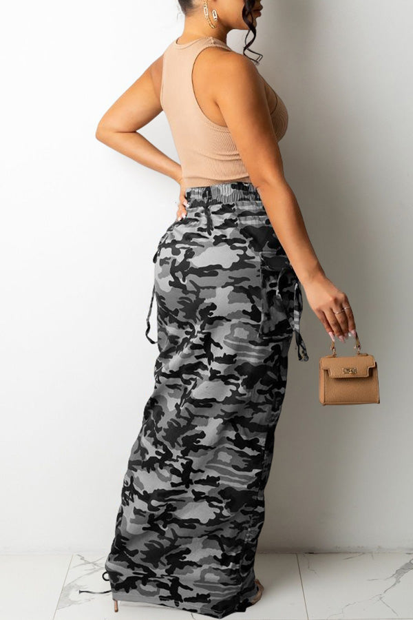 Fashion Camouflage Print Drawstring Straight Cut Long Skirt