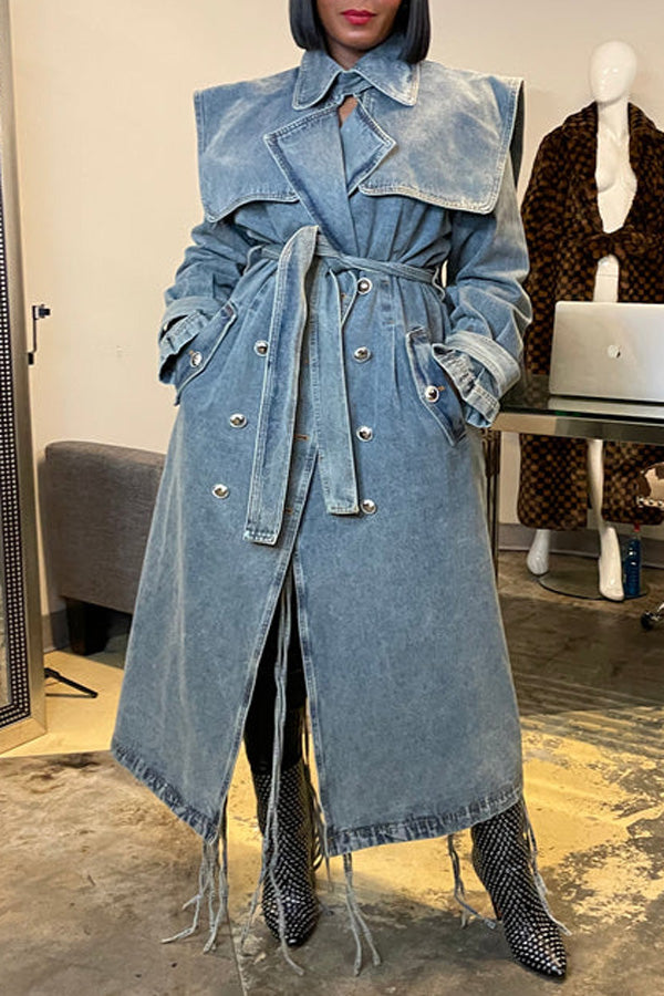 Statement Lapel Cape Double Breasted Lace-Up Denim Long Trench