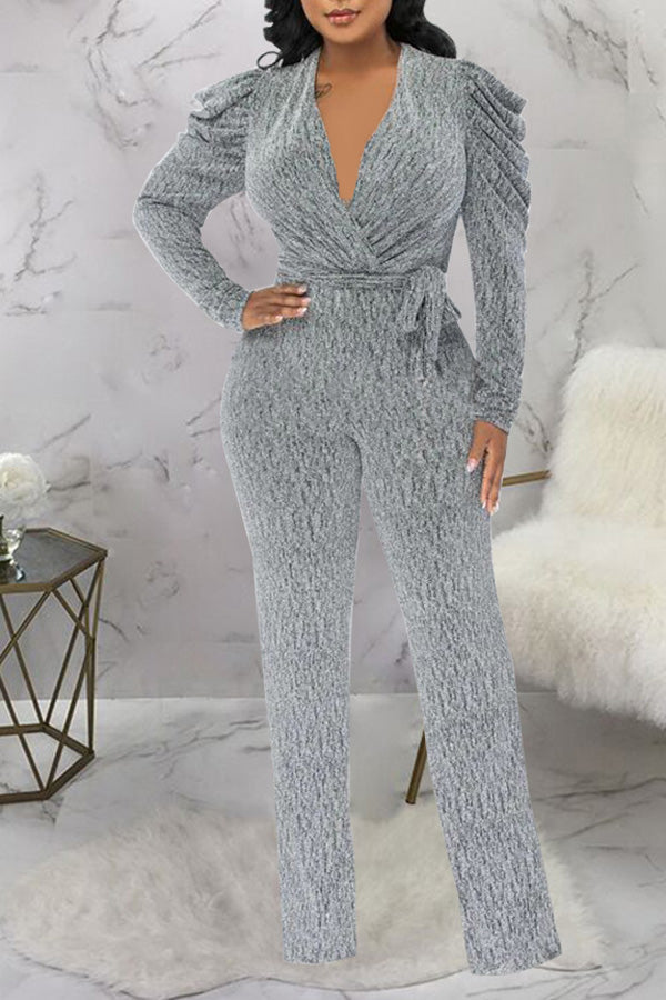 Sexy V-neck Puff Sleeve Shiny Knit Slim Fit Lace-Up Jumpsuits
