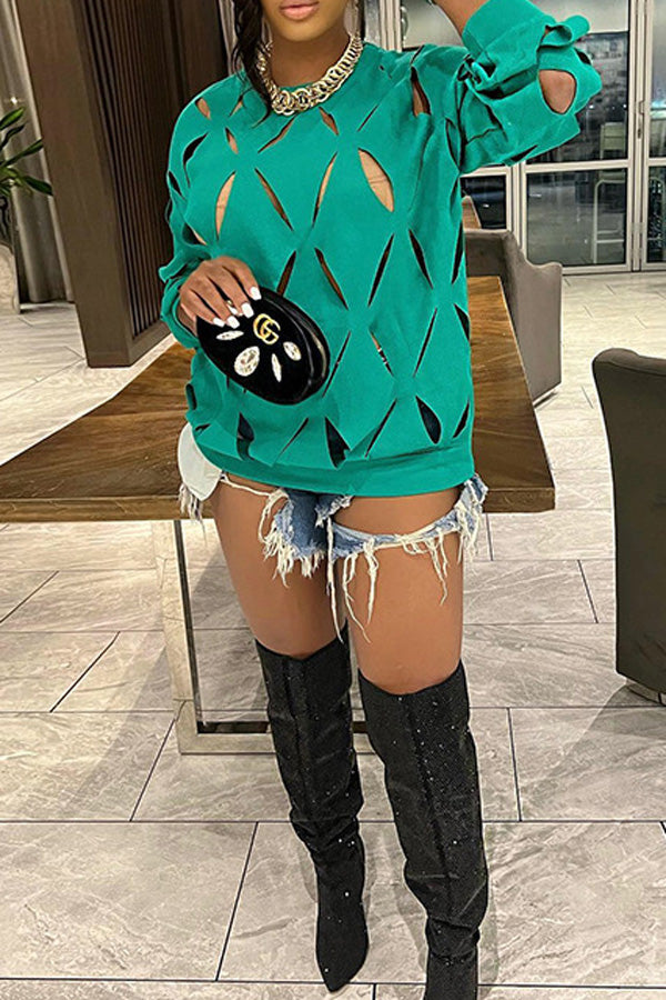 Trendy Round Neck Long Sleeve Cutout Solid Color Sweatshirt