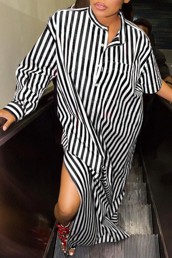 Chic Stripe Print Asymmetric Sleeve Slit Stand Collar Loose Shirt Maxi Dress