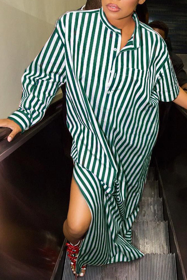 Chic Stripe Print Asymmetric Sleeve Slit Stand Collar Loose Shirt Maxi Dress