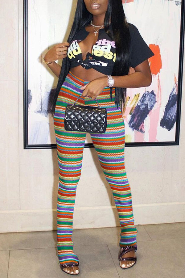 Fashion Colorful Stripe Knit Slim Fit High Waist Pants