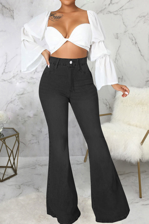 Temperament High Waist Solid Color Flared Jeans