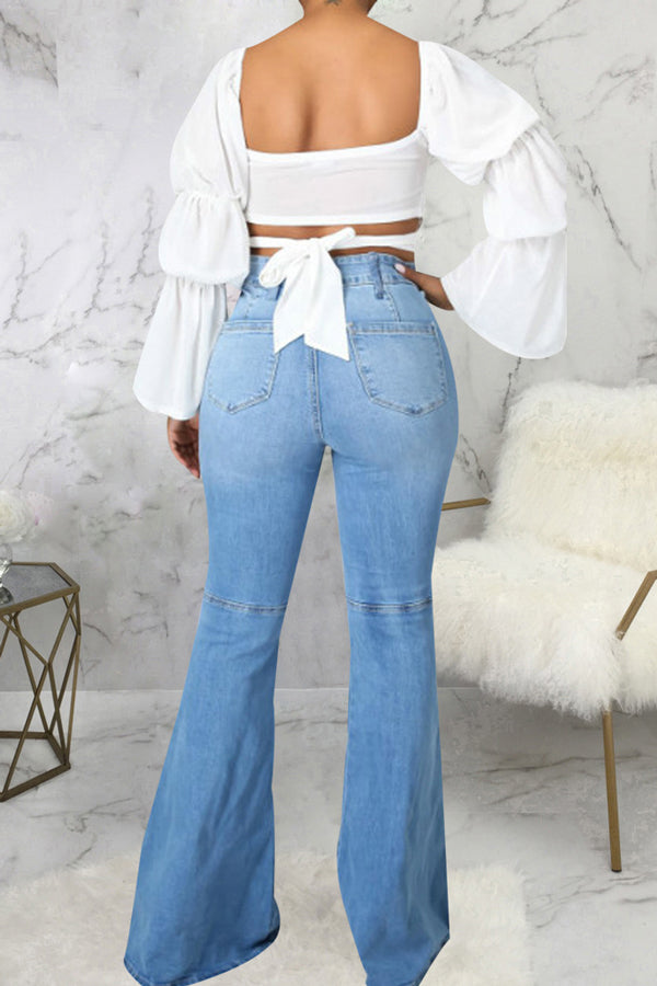 Temperament High Waist Solid Color Flared Jeans