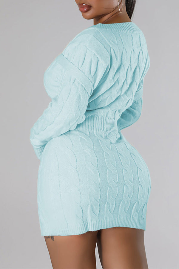 Sweet V-neck Slim Fit Waist Cutout Solid Color Knit Mini Dress
