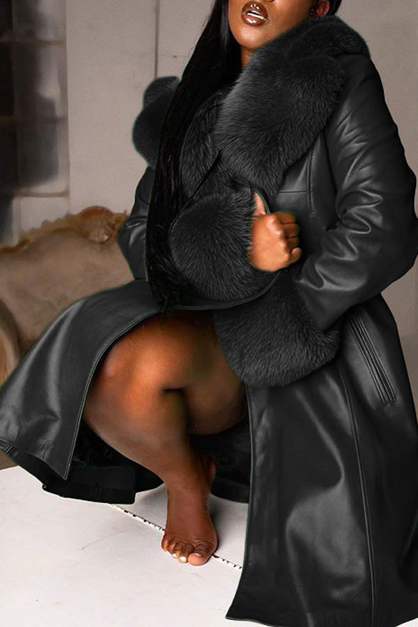 Luxurious Plus Size Faux Fur Paneled Faux Leather Lapel Long Trench Coat