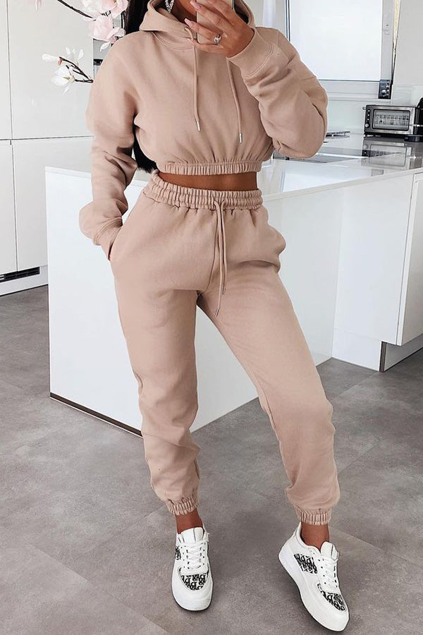 Comfort Solid Color Drawstring Short Hoodie Pant Suits