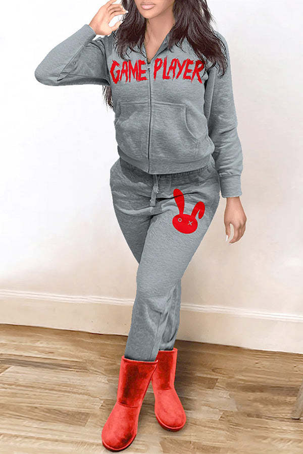 Casual Red Letter Print Zip Hooded Pocket Jacket Print Pant Suits
