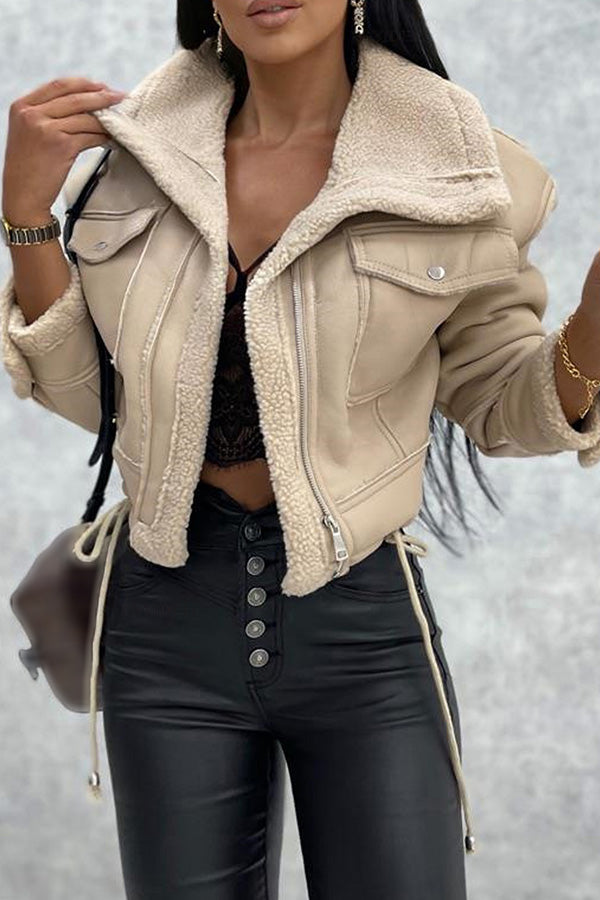 Warm Faux Fur Integrated Zipper Drawstring Pocket Stand Collar Short Coat