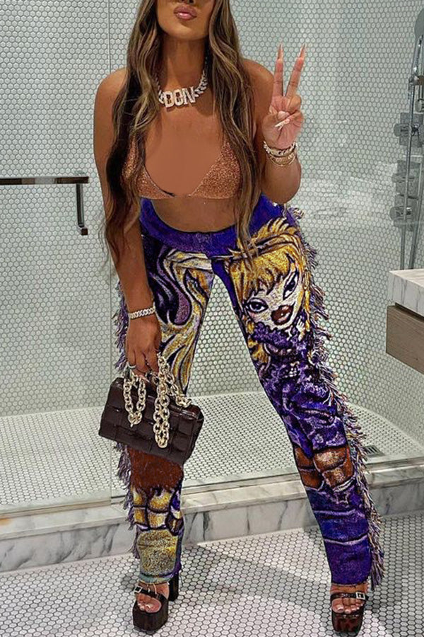 Trendy Colorful Cartoon Print Fringed Tailored Pants