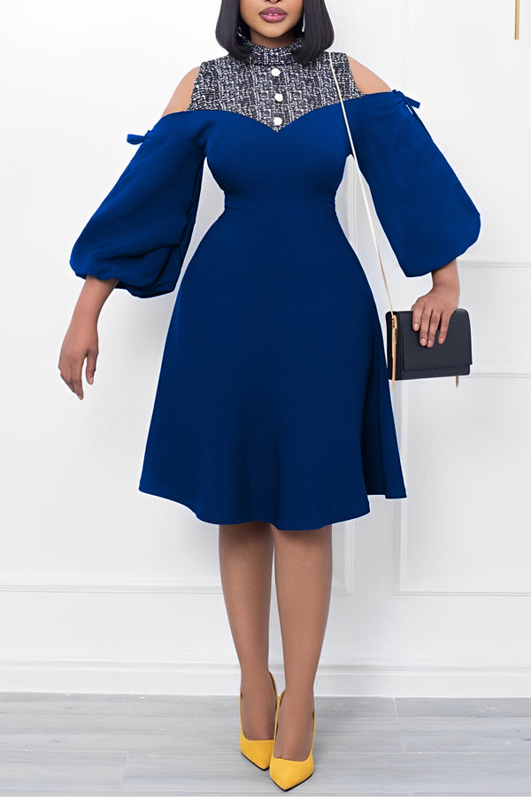 Elegant Off Shoulder Puff Sleeve Print Stitching A-Line Midi Dress