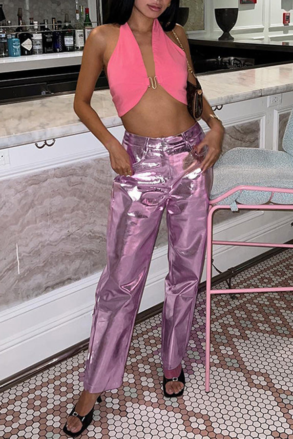 Trendy Shiny Candy Color High Waisted Straight-Leg Pants
