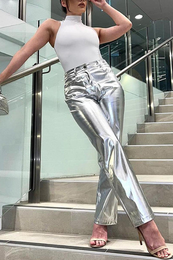 Trendy Shiny Candy Color High Waisted Straight-Leg Pants