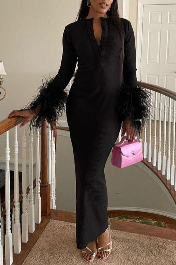 Elegant V-Nack Feather Trim Long Sleeve Slim Fit Solid Color Maxi Dress