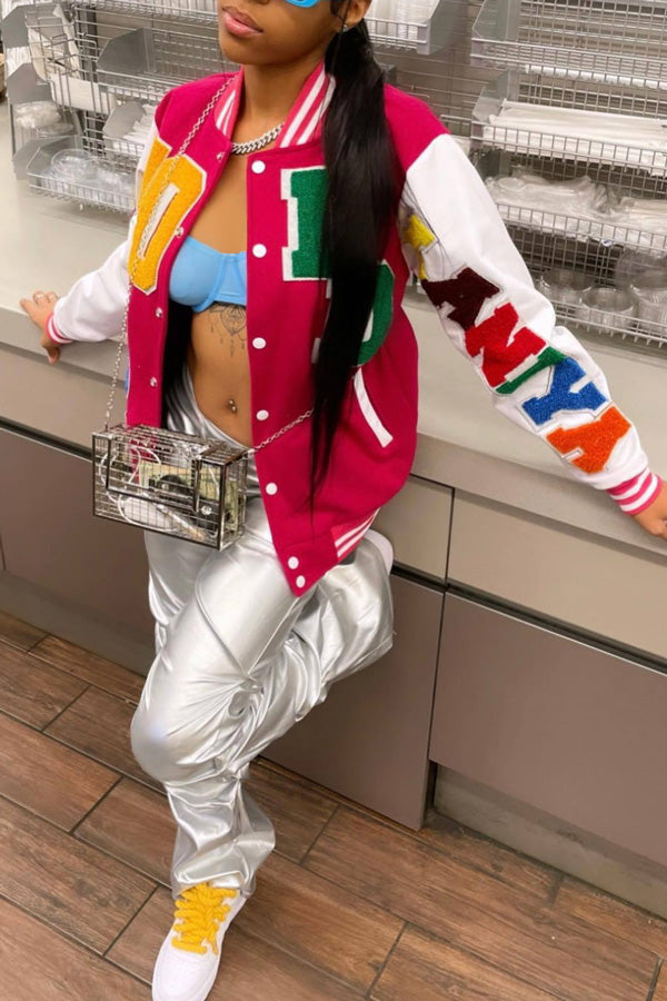 Fashion Color Contrast Letter Patch White Long Sleeved Baseball Jacket