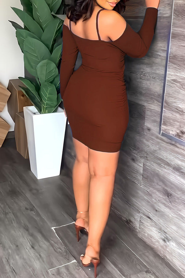 Sexy Cutout Solid Color Long Sleeve Slim Fit Sling Mini Dress