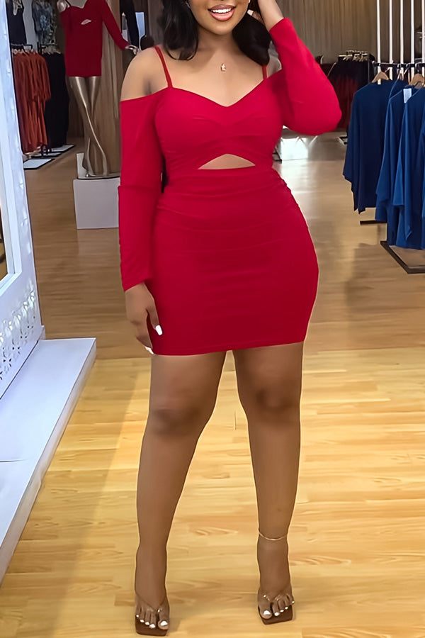 Sexy Cutout Solid Color Long Sleeve Slim Fit Sling Mini Dress