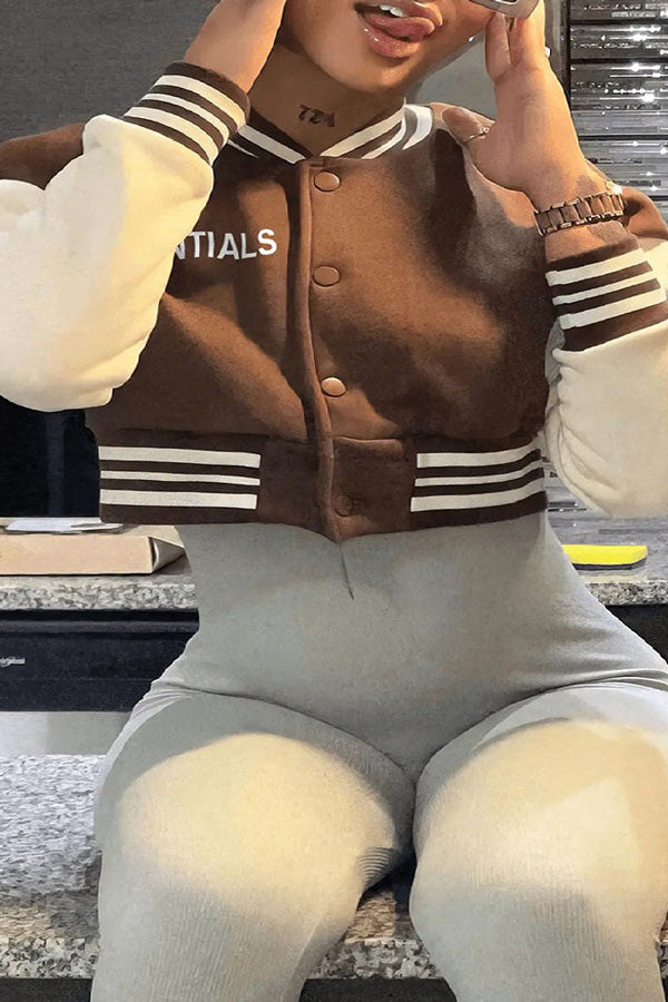 Trendy Stitching Long Sleeved Letter Print Cropped Baseball Jacket