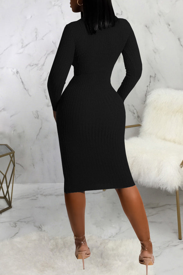 Sexy Solid Color Cutout Slim Fit Long Sleeve Knit Midi Dress