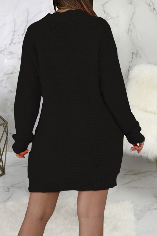 Comfortable Round Neck Long Sleeve Knit Solid Color Mini Dress