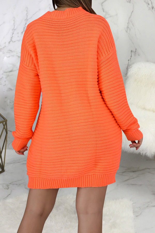 Comfortable Round Neck Long Sleeve Knit Solid Color Mini Dress