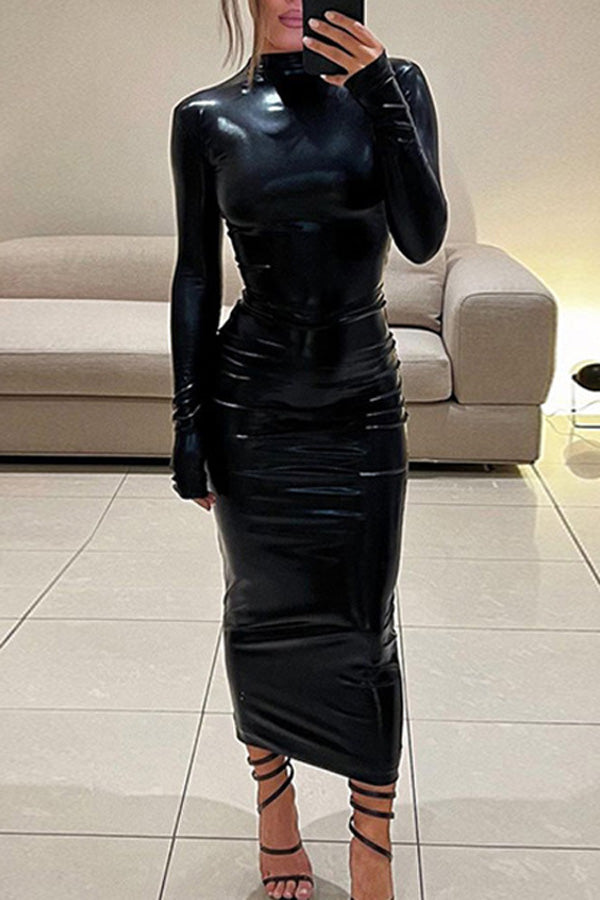 Sexy Slim Fit Long Sleeve Faux Leather Solid Color Midi Dress