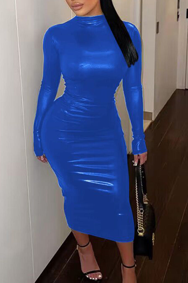 Sexy Slim Fit Long Sleeve Faux Leather Solid Color Midi Dress