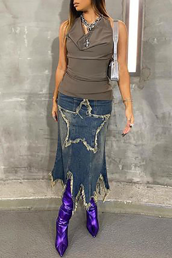 Street Star Patch Irregular Tassel Denim Long Skirt
