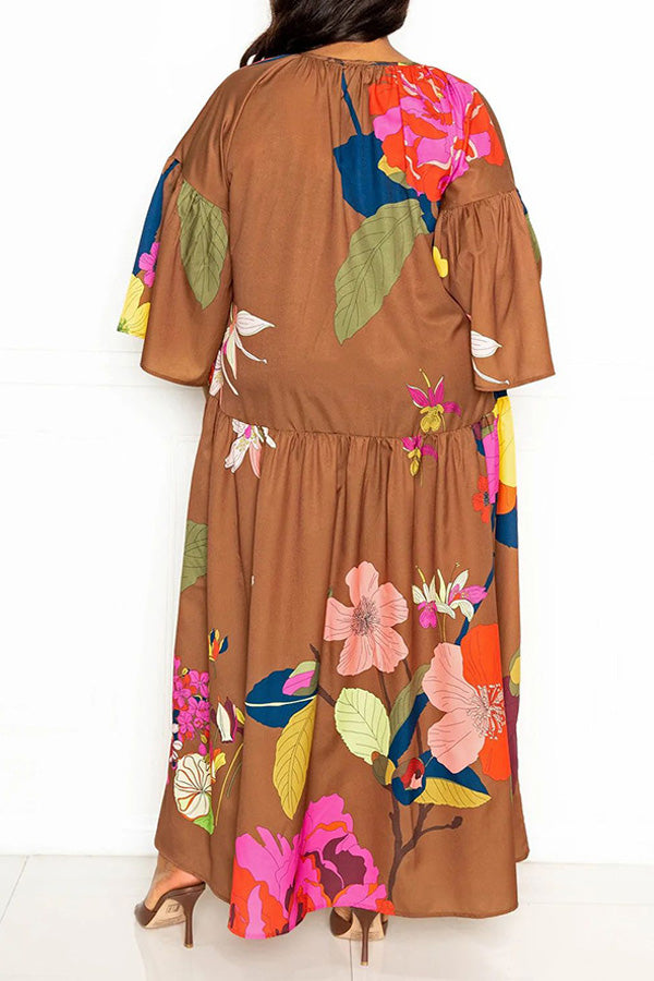 Casual Plus Size Flower Print Lace-Up Neck Loose Maxi Dress