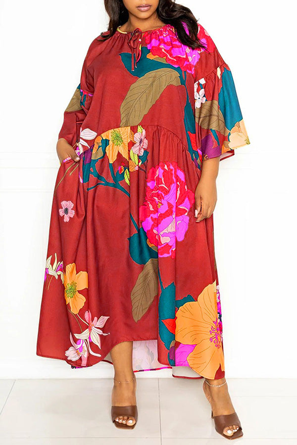 Casual Plus Size Flower Print Lace-Up Neck Loose Maxi Dress