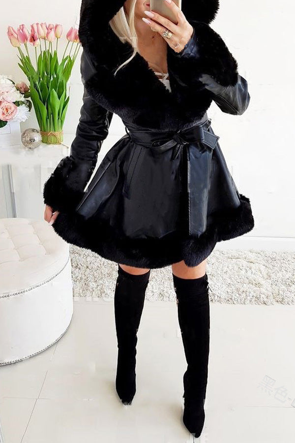 Fashion Plus Size Faux Fur Panel Faux Leather A-Line Lace-Up Hooded Coat
